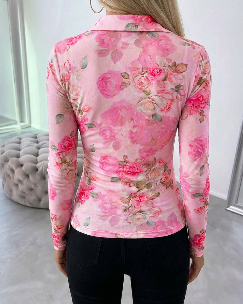 CHICME Sheer Mesh Button Down Shirt for Women Floral Print Tops Long Sleeve Shirts