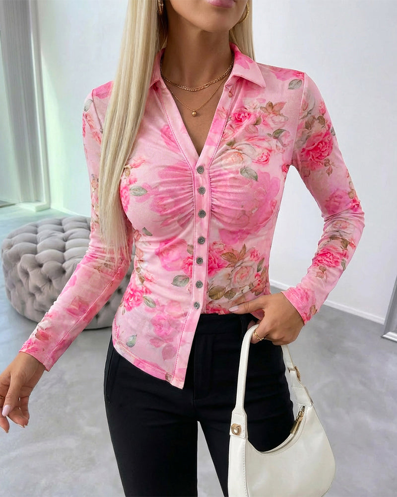 CHICME Sheer Mesh Button Down Shirt for Women Floral Print Tops Long Sleeve Shirts