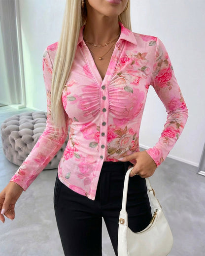 CHICME Sheer Mesh Button Down Shirt for Women Floral Print Tops Long Sleeve Shirts