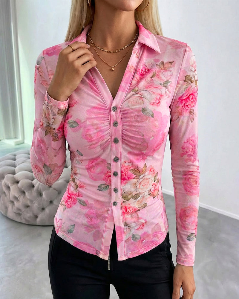 CHICME Sheer Mesh Button Down Shirt for Women Floral Print Tops Long Sleeve Shirts