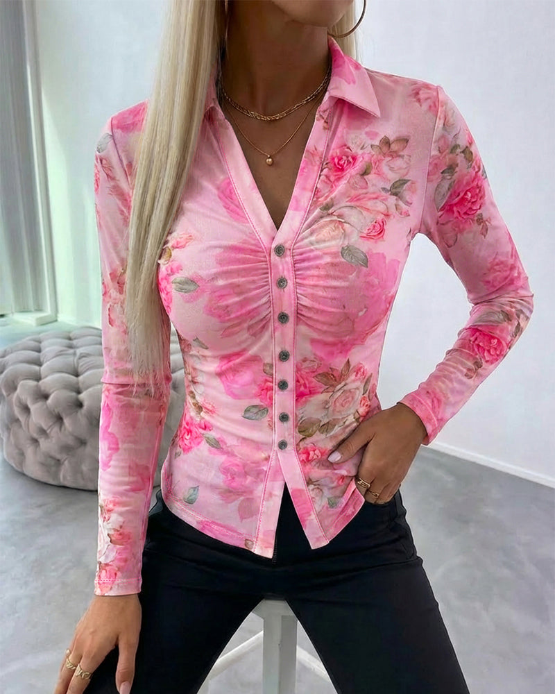 CHICME Sheer Mesh Button Down Shirt for Women Floral Print Tops Long Sleeve Shirts