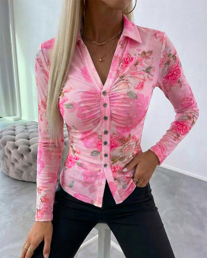 CHICME Sheer Mesh Button Down Shirt for Women Floral Print Tops Long Sleeve Shirts