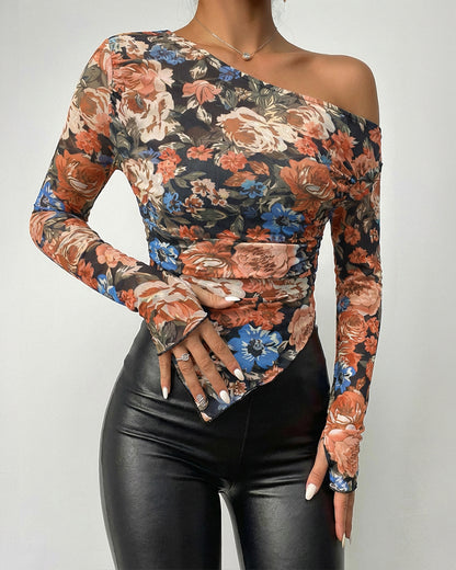 CHICME Womens Floral Mesh Long Sleeve Tops Off Shoulder Tops