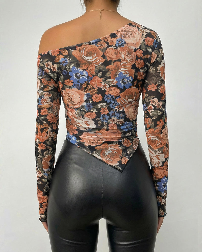 CHICME Womens Floral Mesh Long Sleeve Tops Off Shoulder Tops