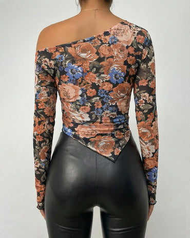 CHICME Womens Floral Mesh Long Sleeve Tops Off Shoulder Tops