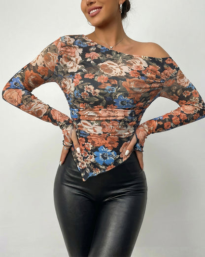 CHICME Womens Floral Mesh Long Sleeve Tops Off Shoulder Tops