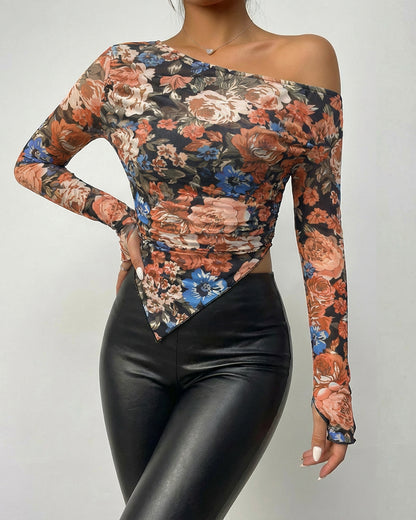 CHICME Womens Floral Mesh Long Sleeve Tops Off Shoulder Tops