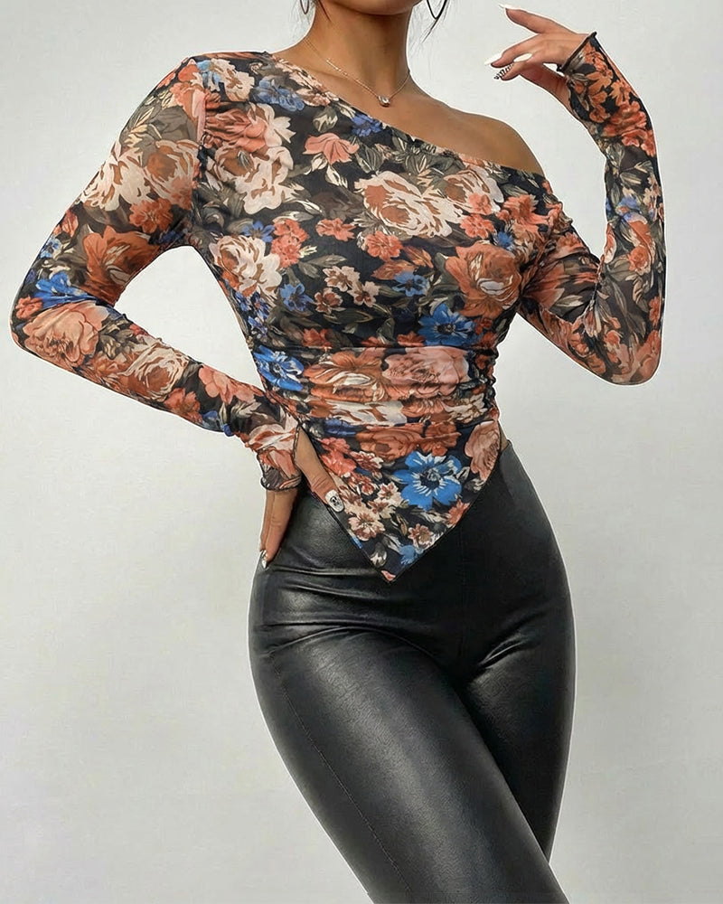 CHICME Womens Floral Mesh Long Sleeve Tops Off Shoulder Tops