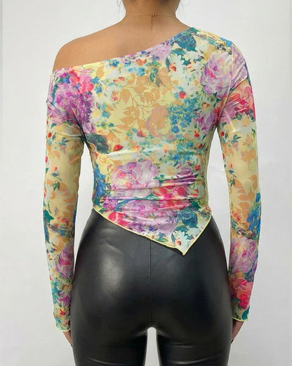 CHICME Womens Floral Mesh Long Sleeve Tops