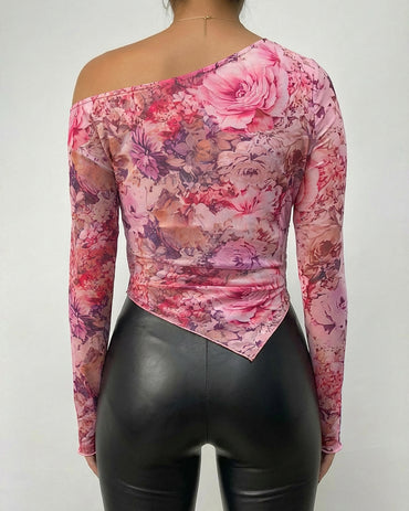 CHICME Womens Floral Mesh Long Sleeve Tops Off Shoulder See Through Fitted Asymmetrical Sexy Sheer Going Out Blouses