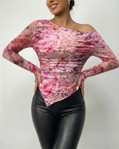 CHICME Womens Floral Mesh Long Sleeve Tops Off Shoulder See Through Fitted Asymmetrical Sexy Sheer Going Out Blouses