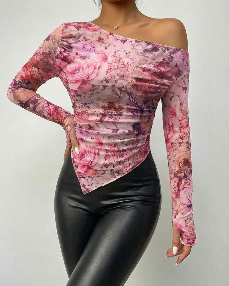CHICME Womens Floral Mesh Long Sleeve Tops Off Shoulder See Through Fitted Asymmetrical Sexy Sheer Going Out Blouses