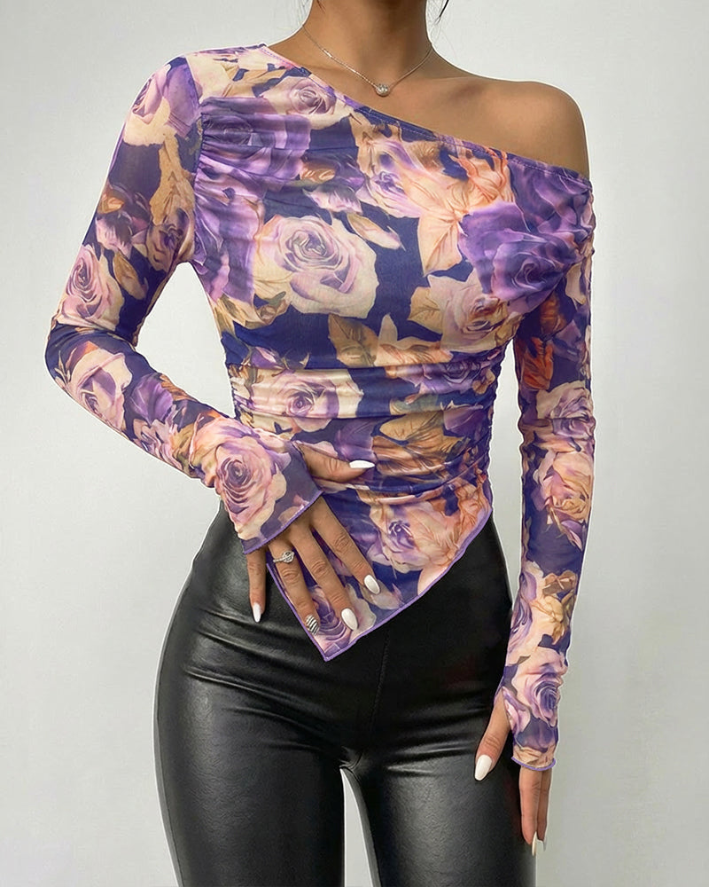 CHICME Womens Floral Mesh Long Sleeve Tops