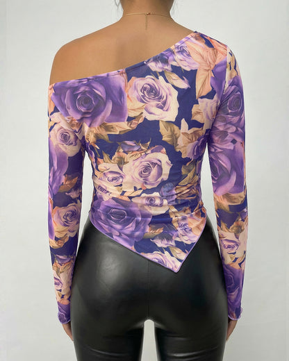 CHICME Womens Floral Mesh Long Sleeve Tops