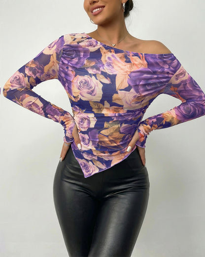 CHICME Womens Floral Mesh Long Sleeve Tops
