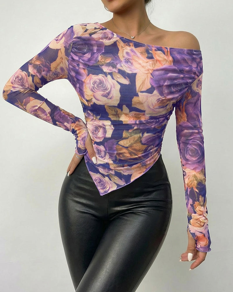 CHICME Womens Floral Mesh Long Sleeve Tops