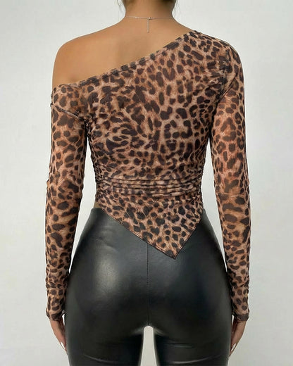 Picklejar6 Womens Leopard Print Mesh Long Sleeve Tops