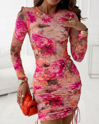 CHICME Women's Floral Mesh Bodycon Mini Dress Long Sleeve Drawstring Side Ruched Cocktail Dress
