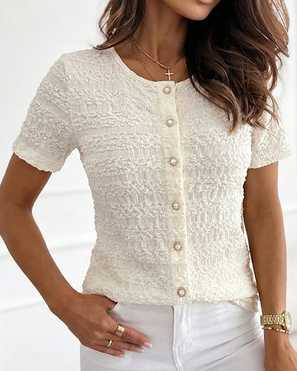 CHICME Womens Textured Short Sleeve Tops Round Neck Button Front Casual Blouse