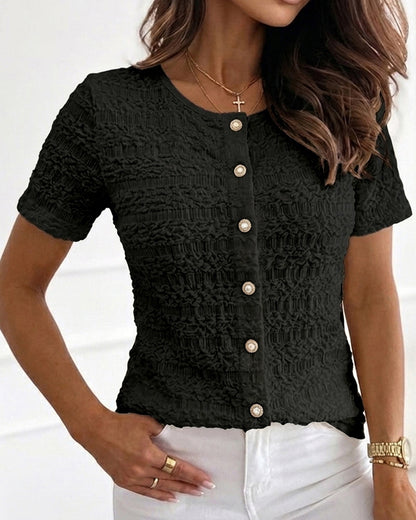 CHICME Womens Textured Short Sleeve Tops Round Neck Button Front Casual Blouse