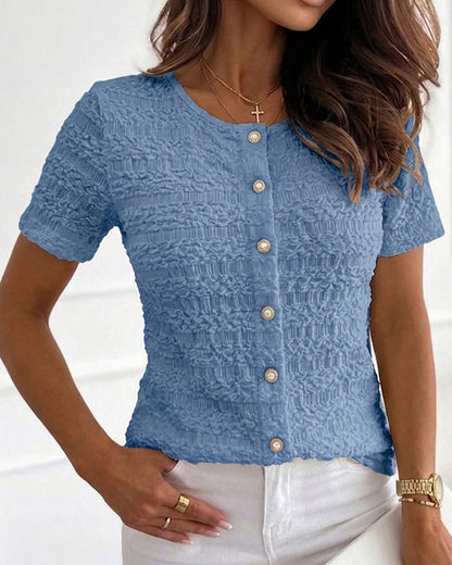 CHICME Womens Textured Short Sleeve Tops Round Neck Button Front Casual Blouse