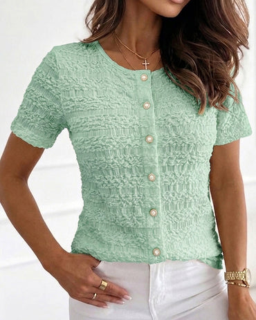 CHICME Womens Textured Short Sleeve Tops Round Neck Button Front Casual Blouse