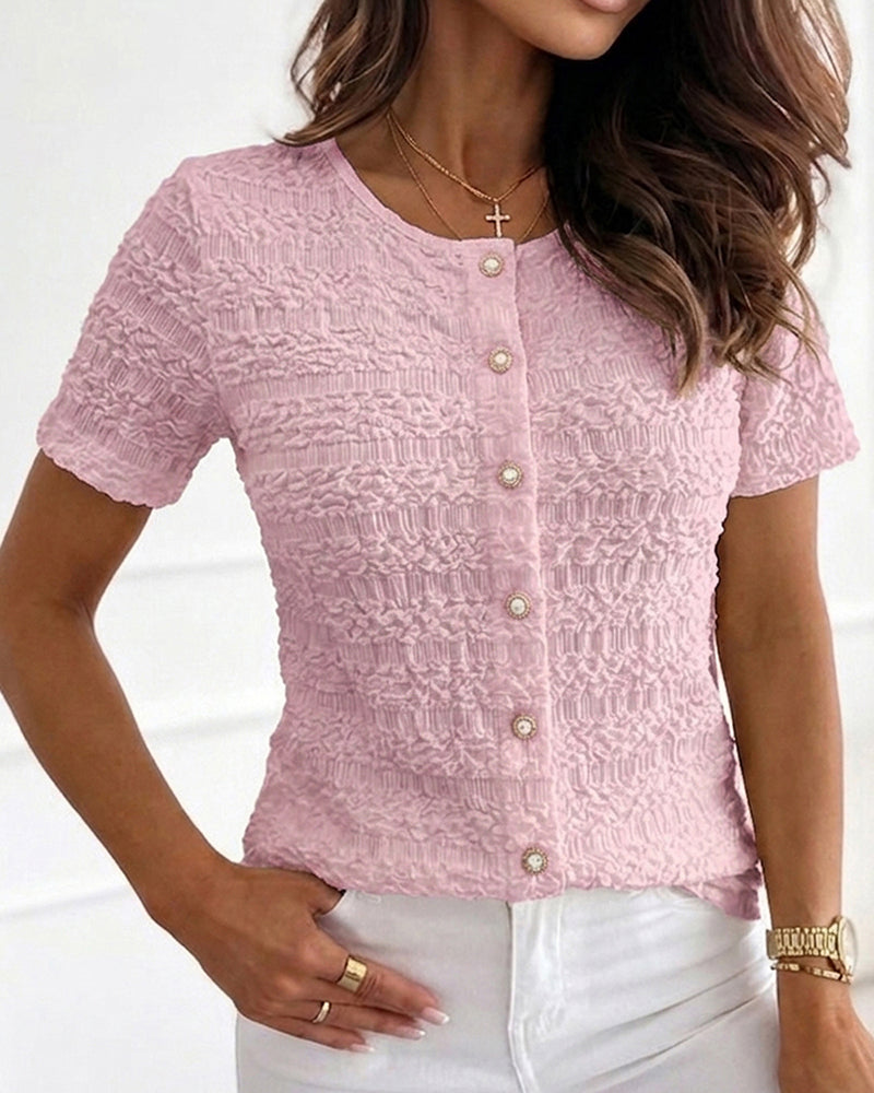 CHICME Womens Textured Short Sleeve Tops Round Neck Button Front Casual Blouse
