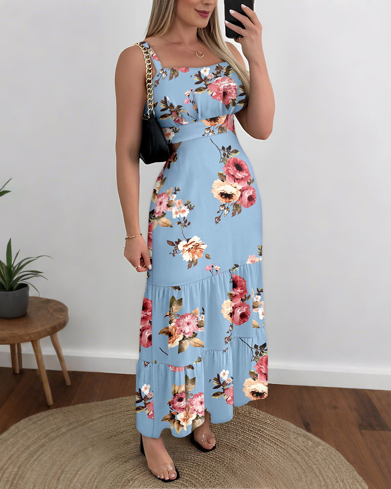 CHICME Summer Dresses for Women 2026 Sleeveless Casual Boho Maxi Dress Square Neck Cut Out Floral A Line Dress