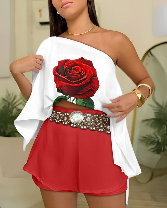 CHICME Women's 3 Piece Summer Outfits Off Shoulder Batwing Sleeve Tops