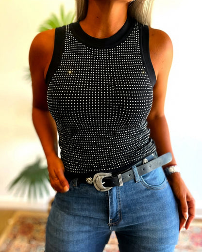 CHICME Women’s Rhinestone Mock Neck Sleeveless Knit Tank Top Slim Fit Sparkly Halter