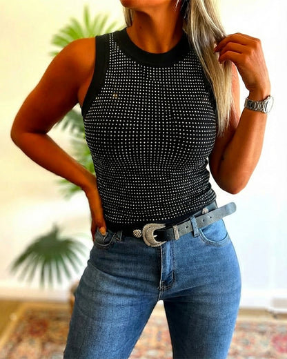 CHICME Women’s Rhinestone Mock Neck Sleeveless Knit Tank Top Slim Fit Sparkly Halter