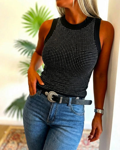 CHICME Women’s Rhinestone Mock Neck Sleeveless Knit Tank Top Slim Fit Sparkly Halter