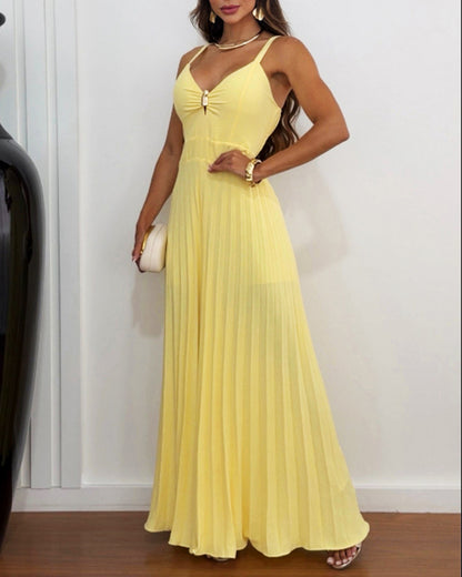 CHICME Women 2026 Sleeveless Deep V Sling Jumpsuit High Waist Pleated Jumpsuit