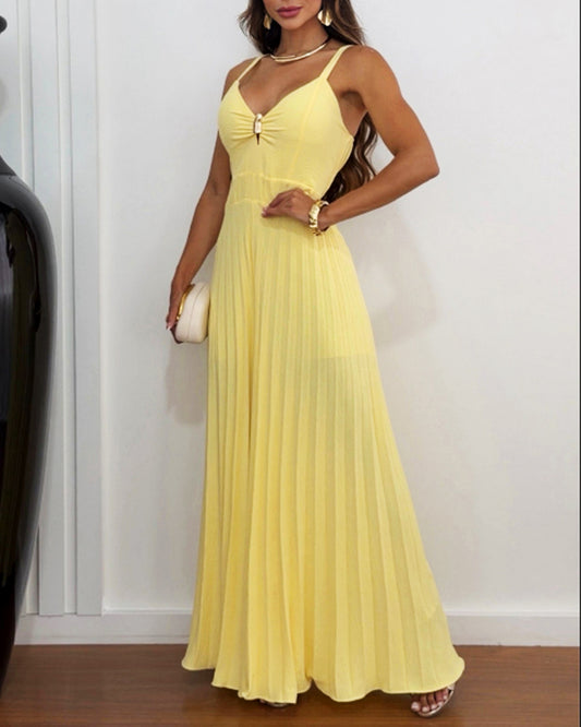 CHICME Women 2026 Sleeveless Deep V Sling Jumpsuit High Waist Pleated Jumpsuit