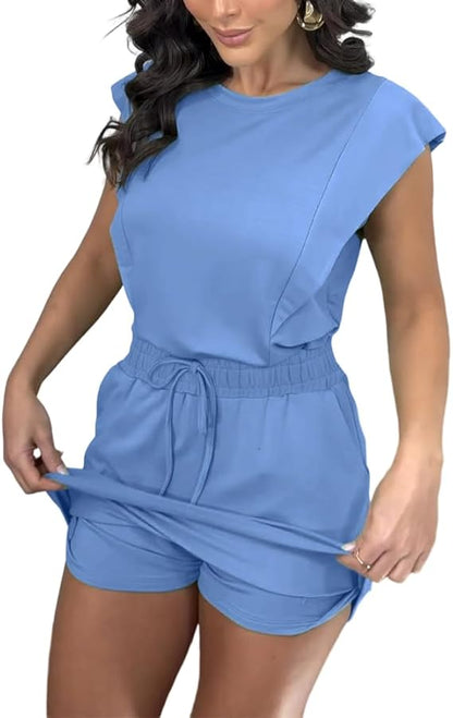 Women's 2 Piece Outfits Plain Short Sleeve Top and Casual Decor Drawstring Elastic Waist Skort Set (Copy)