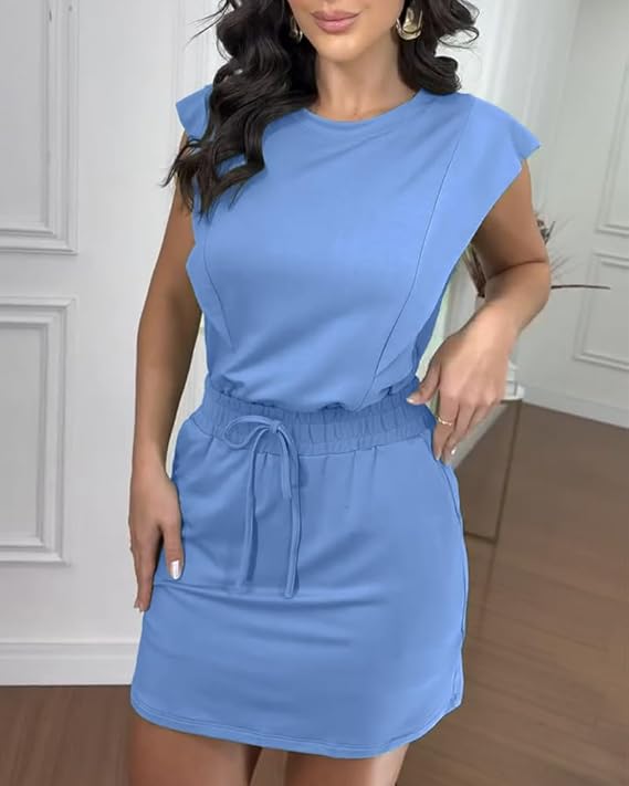 Women's 2 Piece Outfits Plain Short Sleeve Top and Casual Decor Drawstring Elastic Waist Skort Set (Copy)