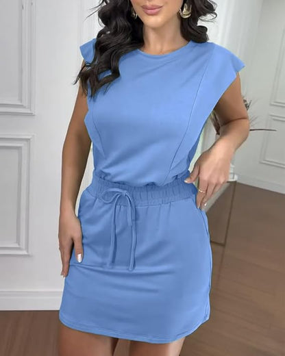 Women's 2 Piece Outfits Plain Short Sleeve Top and Casual Decor Drawstring Elastic Waist Skort Set (Copy)
