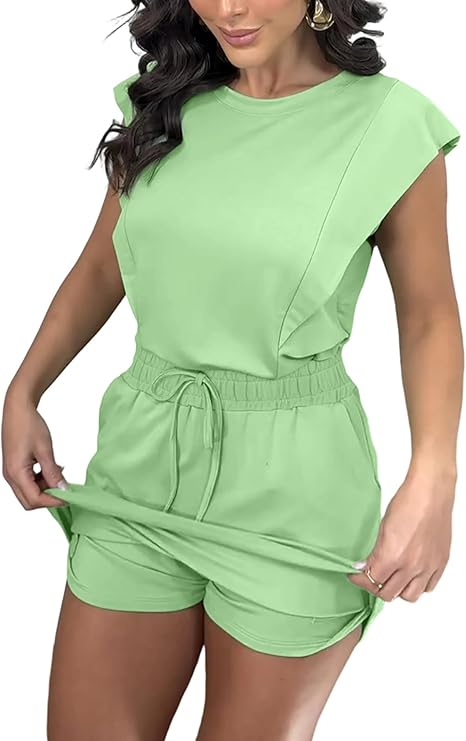 Women's 2 Piece Outfits Plain Short Sleeve Top and Casual Decor Drawstring Elastic Waist Skort Set (Copy)