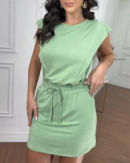Women's 2 Piece Outfits Plain Short Sleeve Top and Casual Decor Drawstring Elastic Waist Skort Set (Copy)