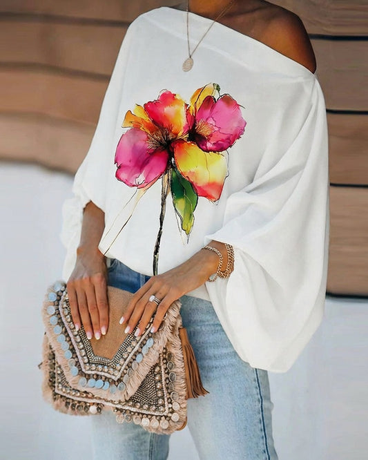 CHICME Women's Off The Shoulder Top Floral Print 3/4 Sleeve Blouse