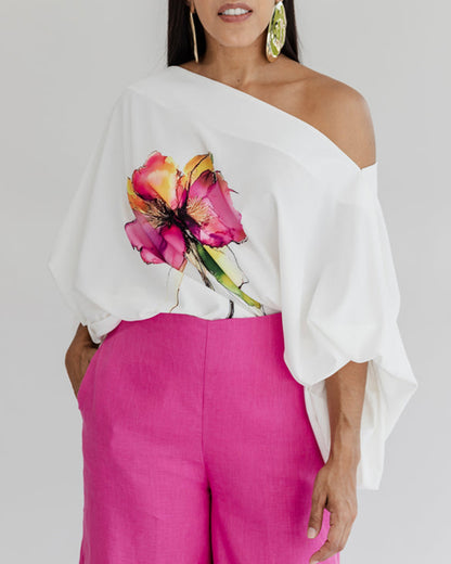 CHICME Women's Off The Shoulder Top Floral Print 3/4 Sleeve Blouse