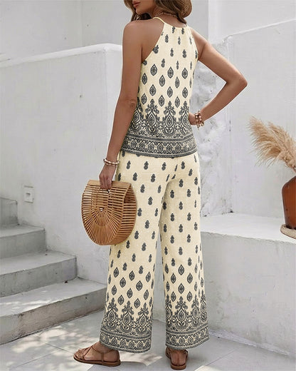 CHICME Womens Summer 2 Piece Boho Outfits Shimmering Rhinestone Haltered Top and Wide Leg Pants