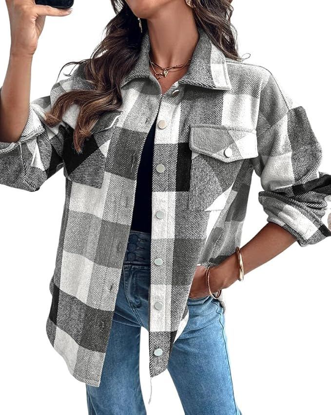 CHICME Womens Plaid Casual Jacket Long Sleeve Shacket