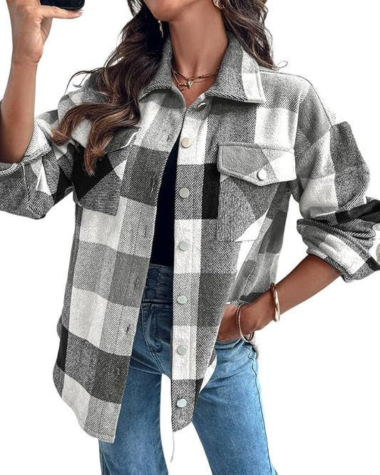 CHICME Womens Plaid Casual Jacket Long Sleeve Shacket