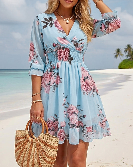 CHICME Women Floral Boho Wrap Dress V-Neck High Waist Short Layered Lined Summer Dress