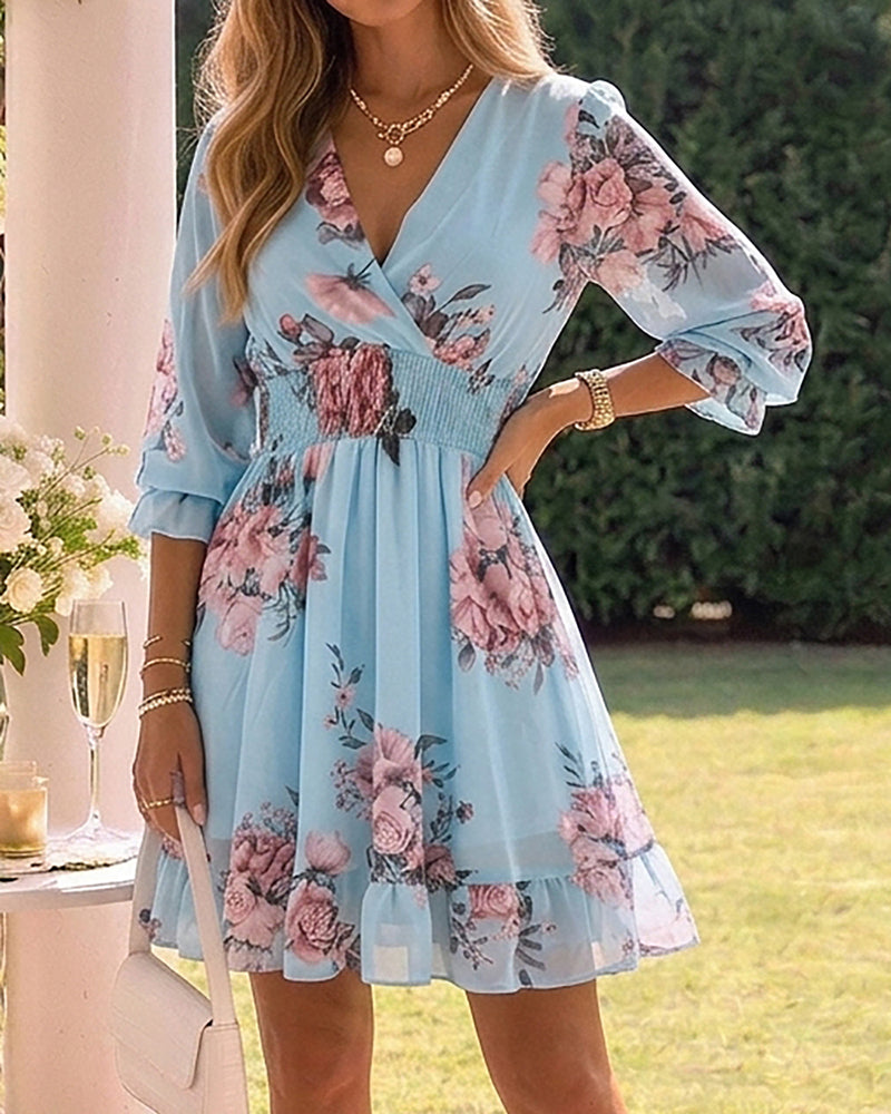 CHICME Women Floral Boho Wrap Dress V-Neck High Waist Short Layered Lined Summer Dress