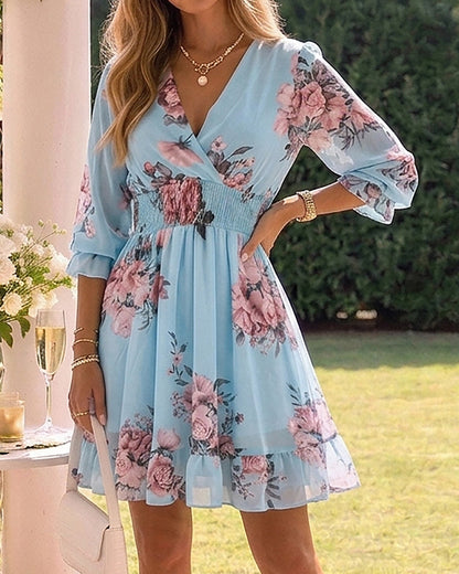 CHICME Women Floral Boho Wrap Dress V-Neck High Waist Short Layered Lined Summer Dress