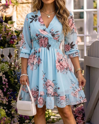 CHICME Women Floral Boho Wrap Dress V-Neck High Waist Short Layered Lined Summer Dress