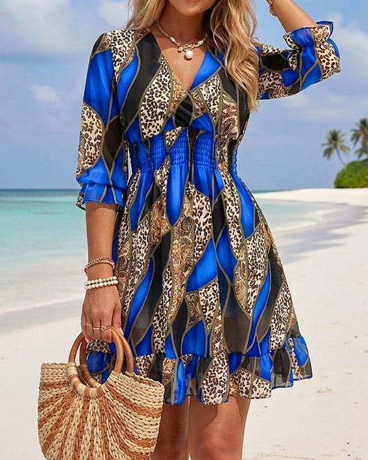 CHICME Women Floral Boho Wrap Dress  V-Neck High Waist Dress